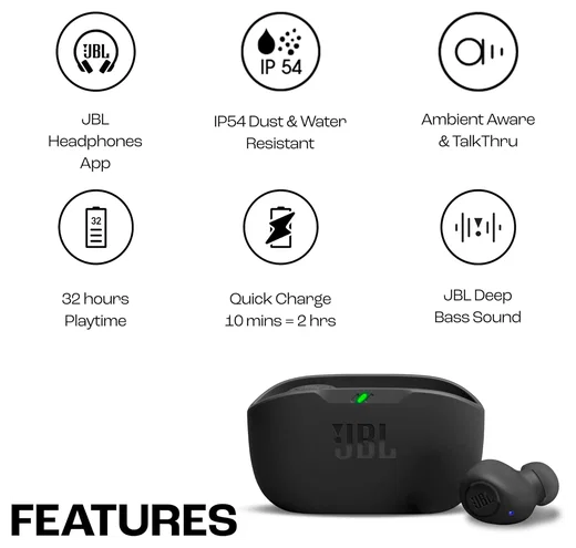 JBL Wave Buds Draadloze Bluetooth 5.2 Oordopjes met JBL Deep Bass Sound Zwart afbeelding 2