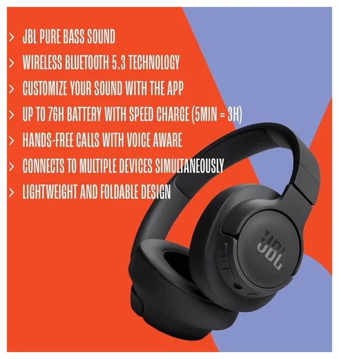 JBL Tune 720BT Draadloze Bluetooth Over-Ear Koptelefoon met 76u Batterij Paars afbeelding 6