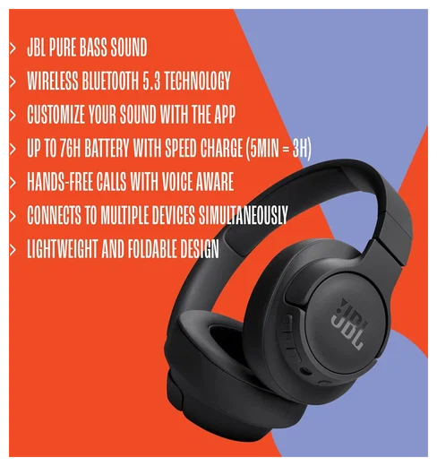 JBL Tune 720BT Draadloze Bluetooth Over-Ear Koptelefoon met 76u Batterij Zwart afbeelding 5
