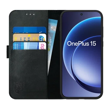 Rosso Deluxe OnePlus 15 Hoesje Echt Leer Book Case Zwart