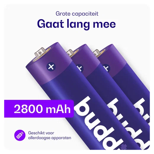 Buddi Oplaadbare AA Batterijen 2.800 mAh 1.2V 100 Stuks afbeelding 3