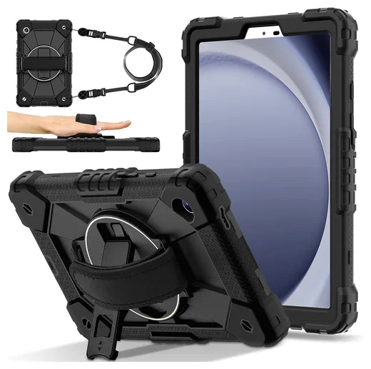 Samsung Galaxy Tab A11 Hoes Back Cover met Kickstand en Handriem Zwart afbeelding 1