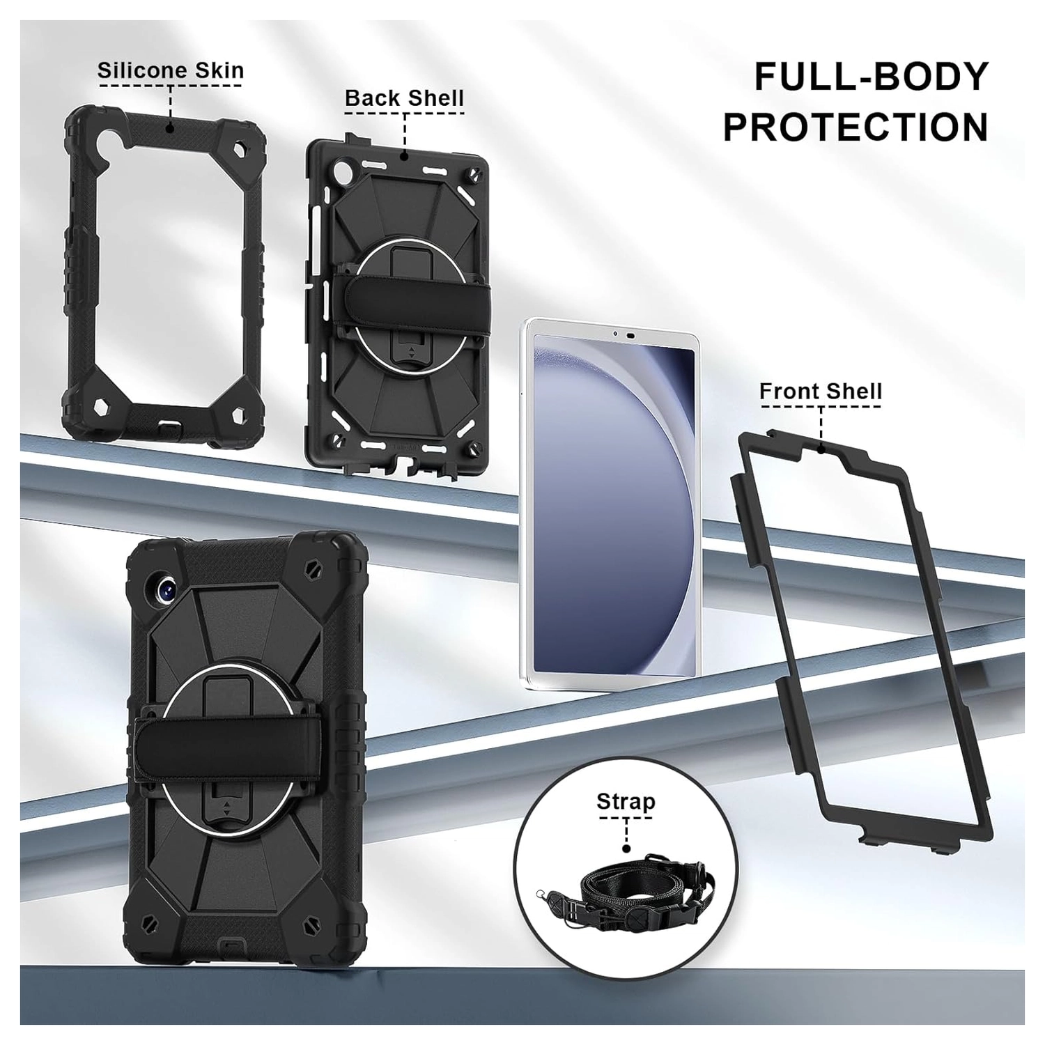 Samsung Galaxy Tab A11 Hoes Back Cover met Kickstand en Handriem Zwart afbeelding 2