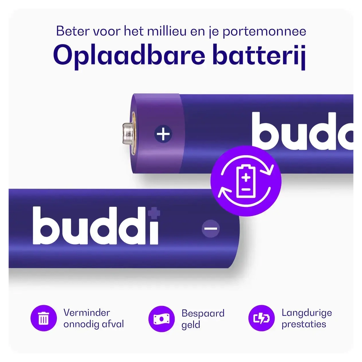 Buddi Oplaadbare AAA Batterijen 1.200 mAh 1.2V 100 Stuks afbeelding 2