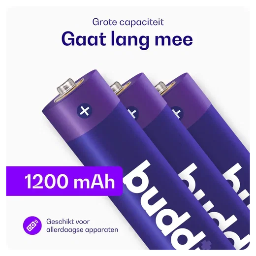 Buddi Oplaadbare AAA Batterijen 1.200 mAh 1.2V 100 Stuks afbeelding 3