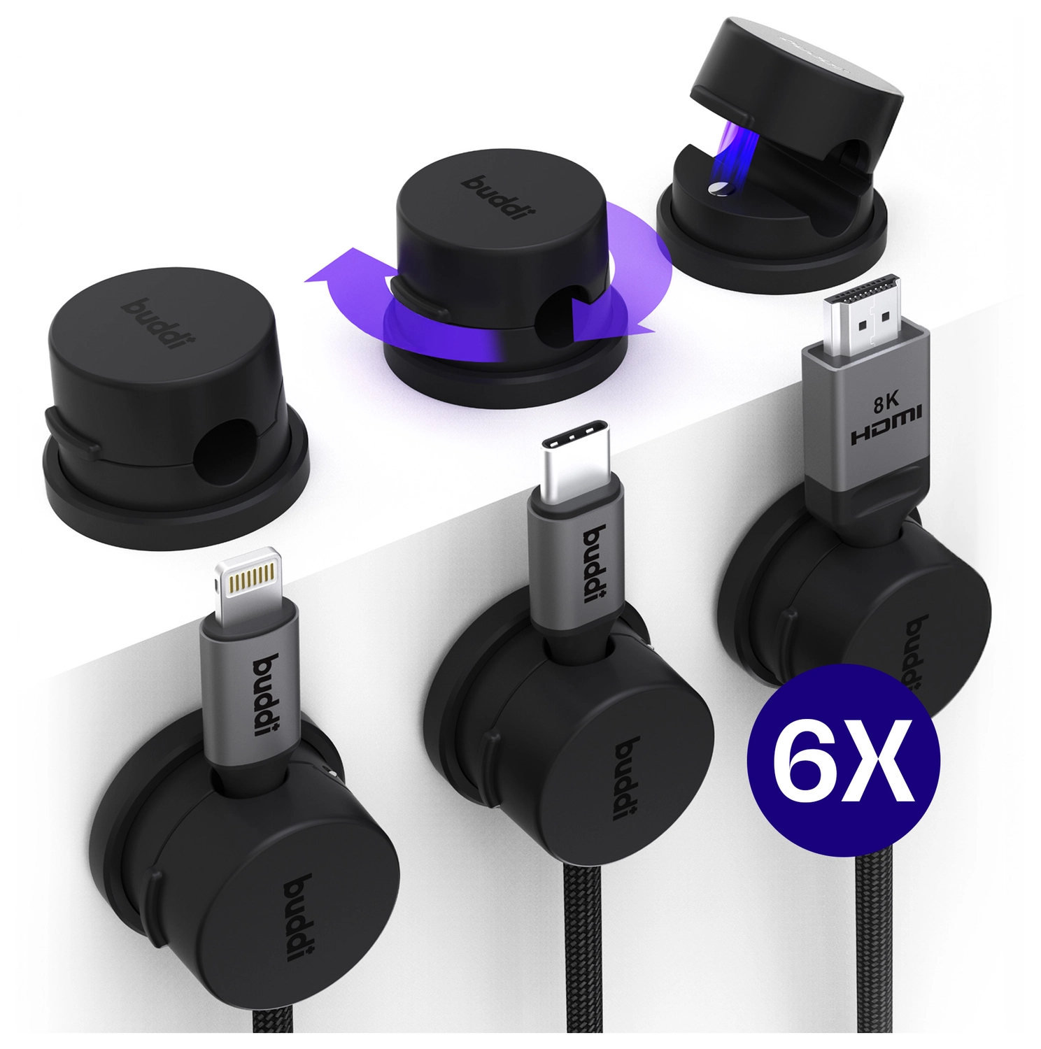 Buddi Sorted Magnetische Kabelclip Organizer voor Bureau en Nachtkastje 6-Pack afbeelding 1