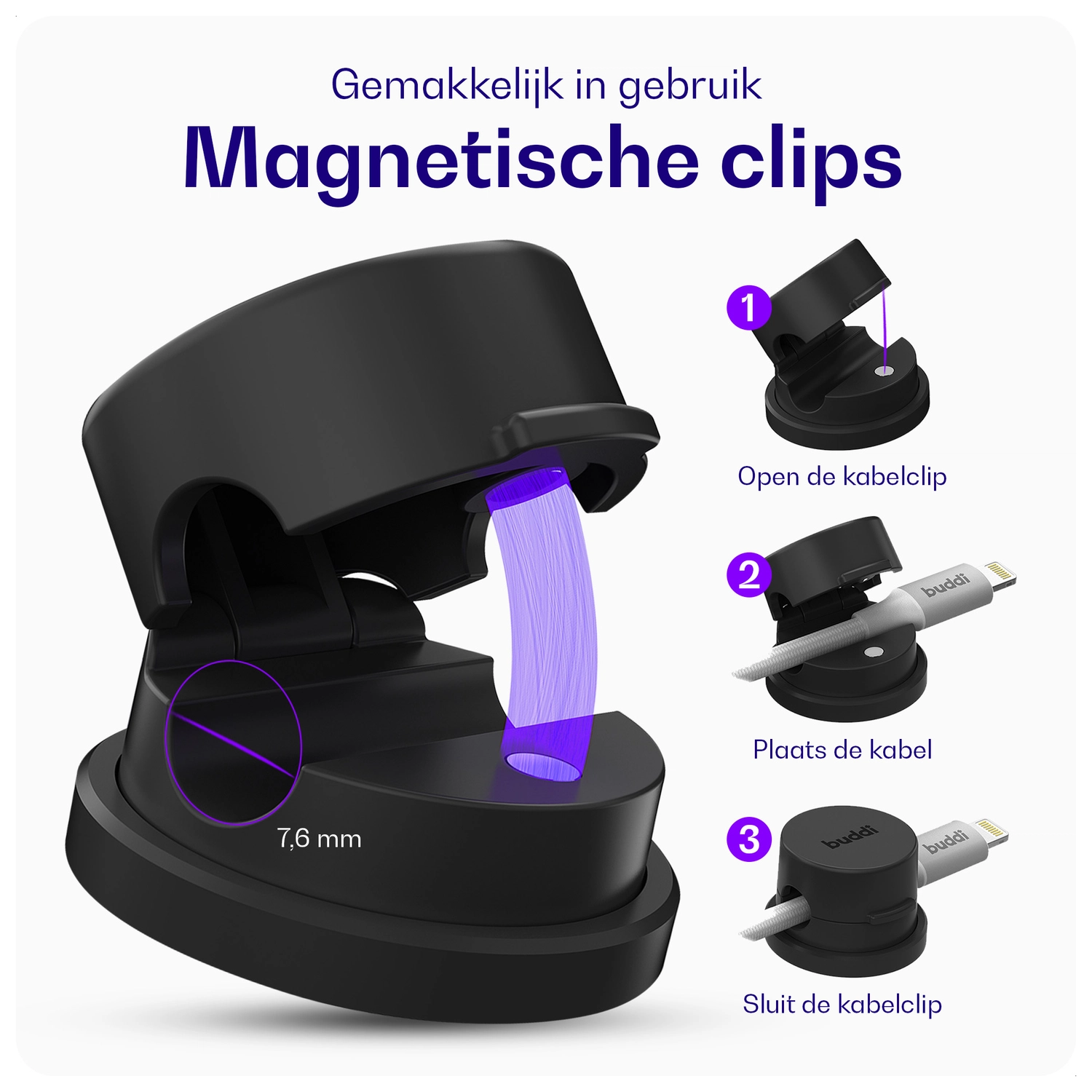 Buddi Sorted Magnetische Kabelclip Organizer voor Bureau en Nachtkastje 6-Pack afbeelding 2