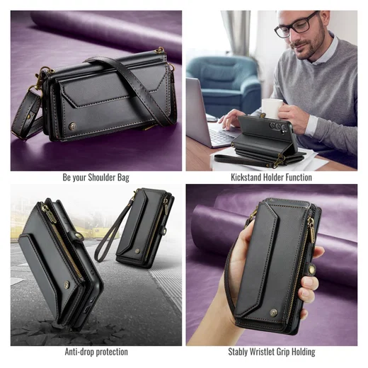 CaseMe C36 Samsung Galaxy S25 FE Hoesje Zipper Book Case Zwart afbeelding 2