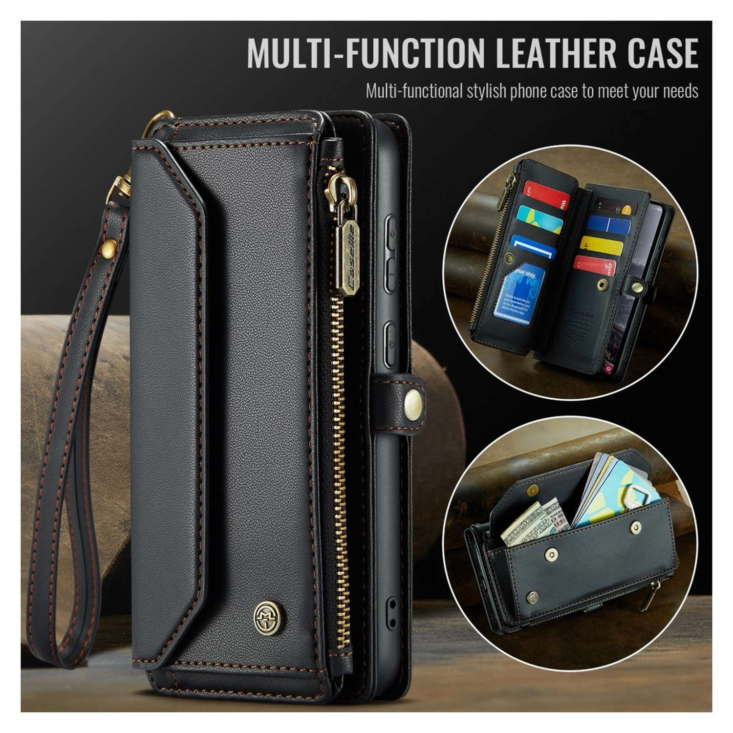 CaseMe C36 Samsung Galaxy S25 FE Hoesje Zipper Book Case Zwart afbeelding 3