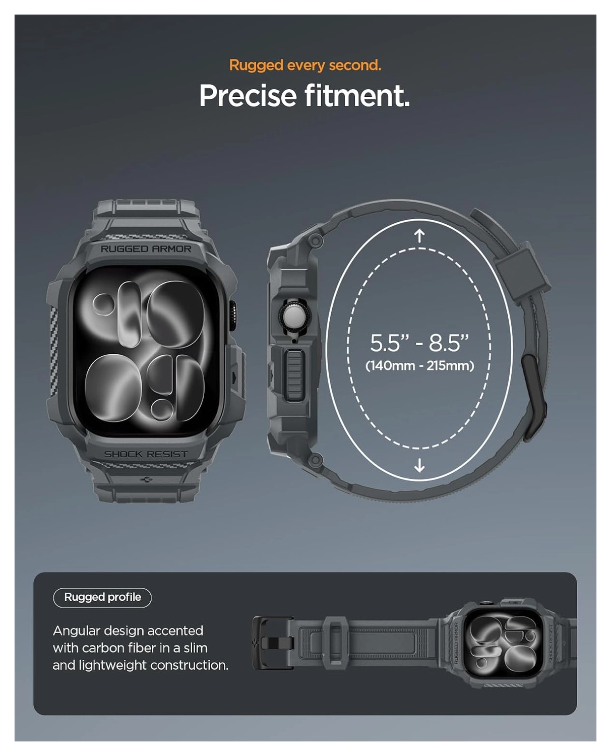 Spigen Rugged Armor Pro 2 - Apple Watch 11/10 46MM - Hoesje en Bandje - Grijs afbeelding 5