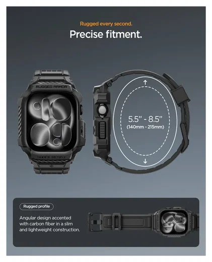 Spigen Rugged Armor Pro 2 - Apple Watch 11/10 46MM - Hoesje en Bandje - Zwart afbeelding 6