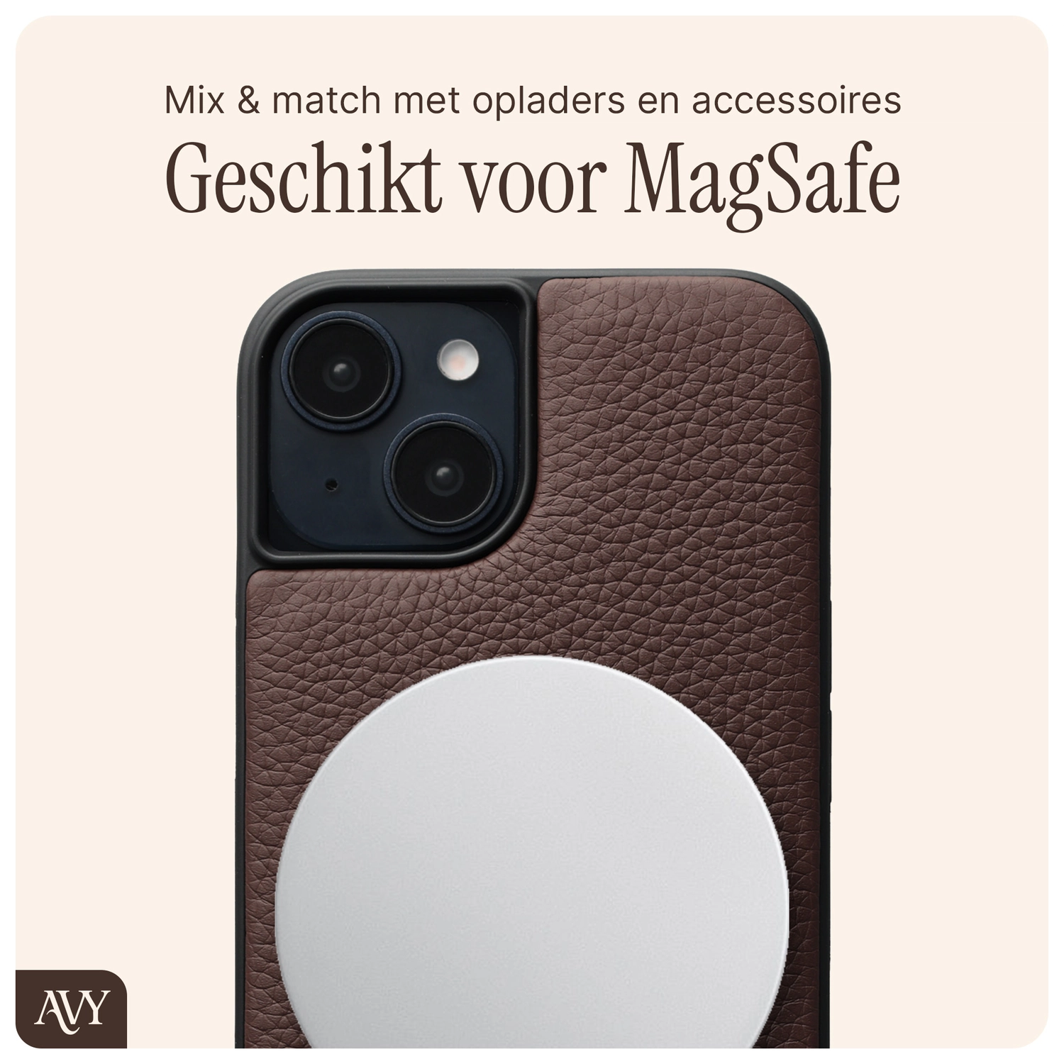 AVY Apple iPhone 14 / 13 Hoesje met Koord Haakjes MagSafe Leer Chocolate afbeelding 7