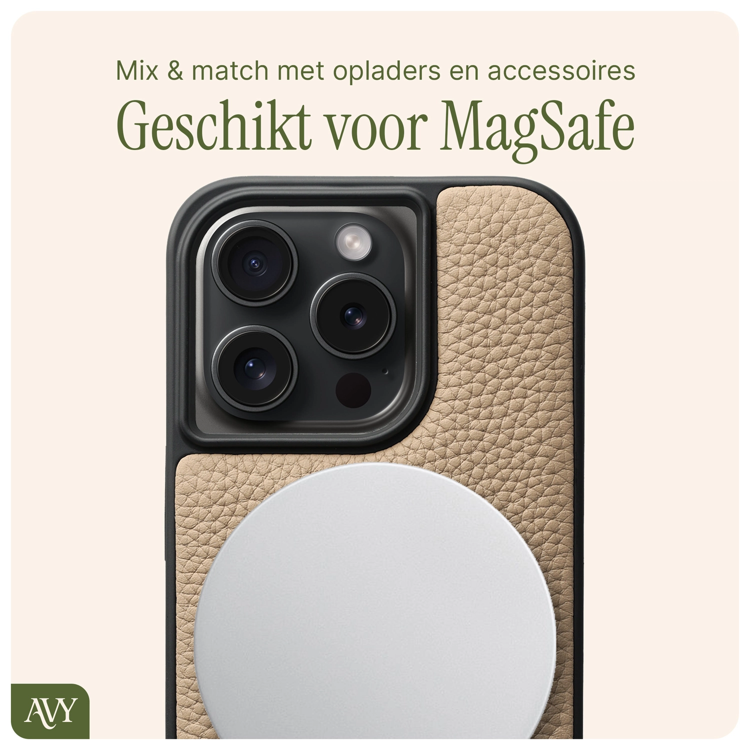 AVY Apple iPhone 15 Pro Hoesje met Koord Haakjes MagSafe Leer Beige afbeelding 8