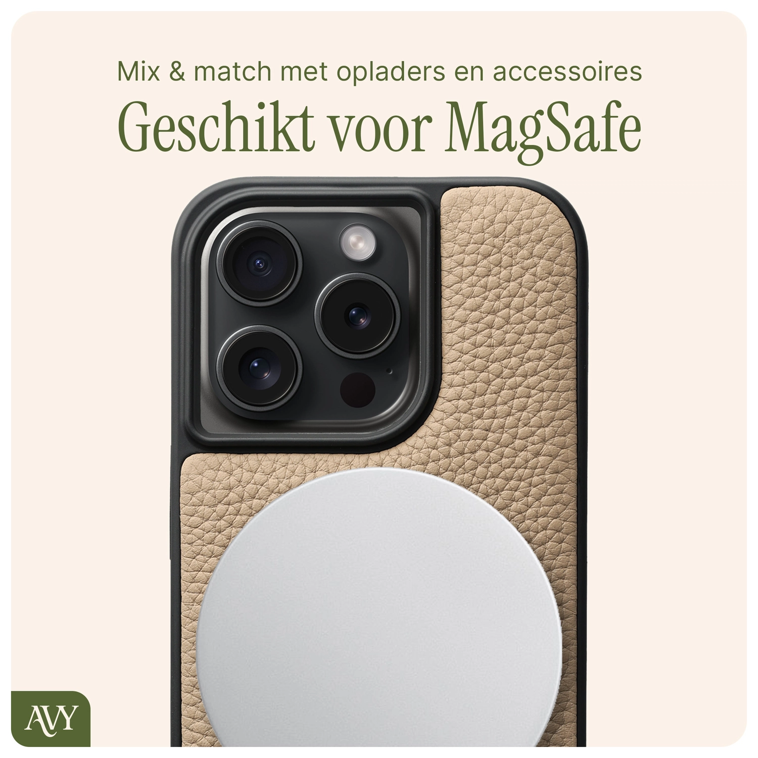 AVY Apple iPhone 14 Pro Hoesje met Koord Haakjes MagSafe Leer Beige afbeelding 8