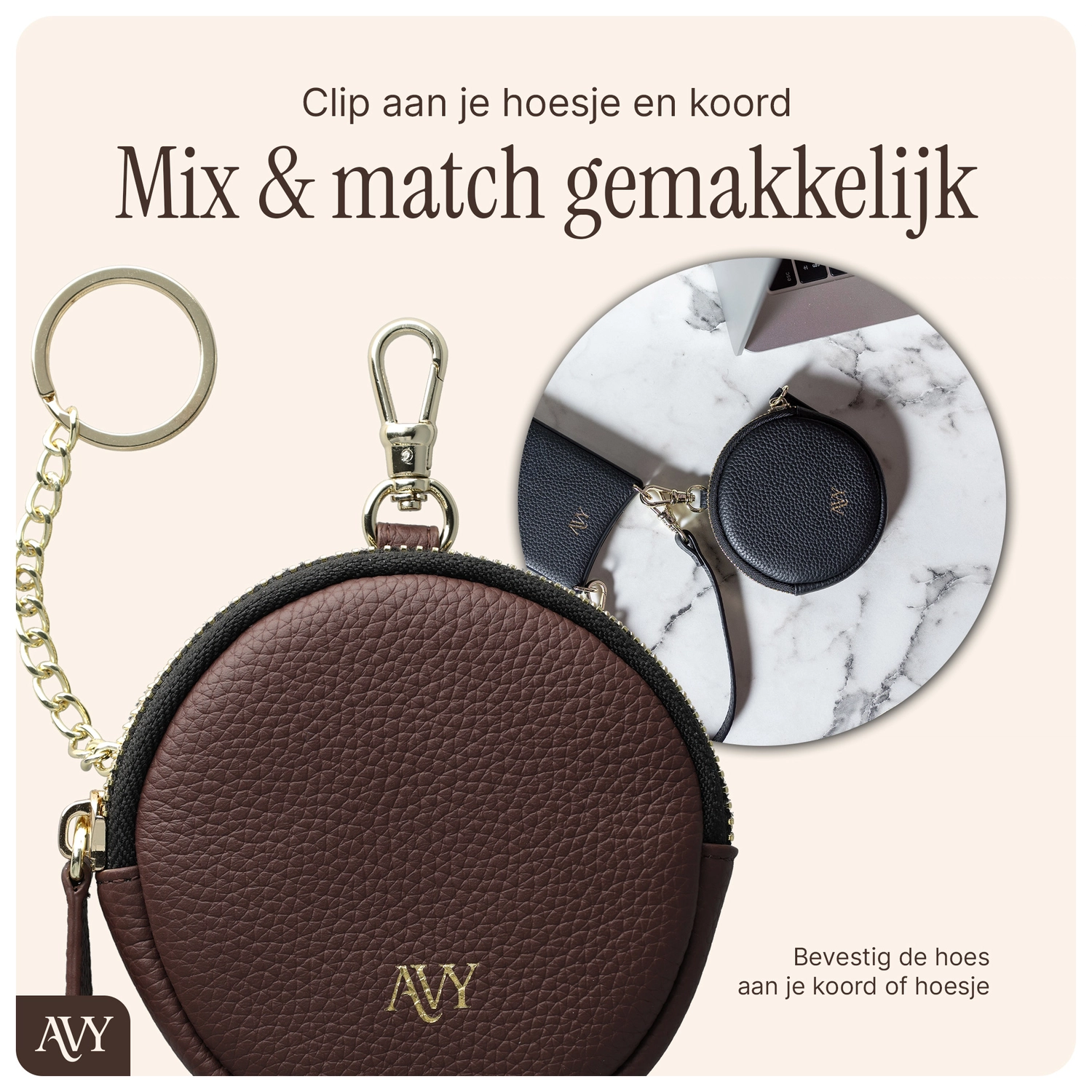 AVY Mini Telefoontasje / Phone Bag Pouch met Rits en Haakje Leer Chocolate afbeelding 4