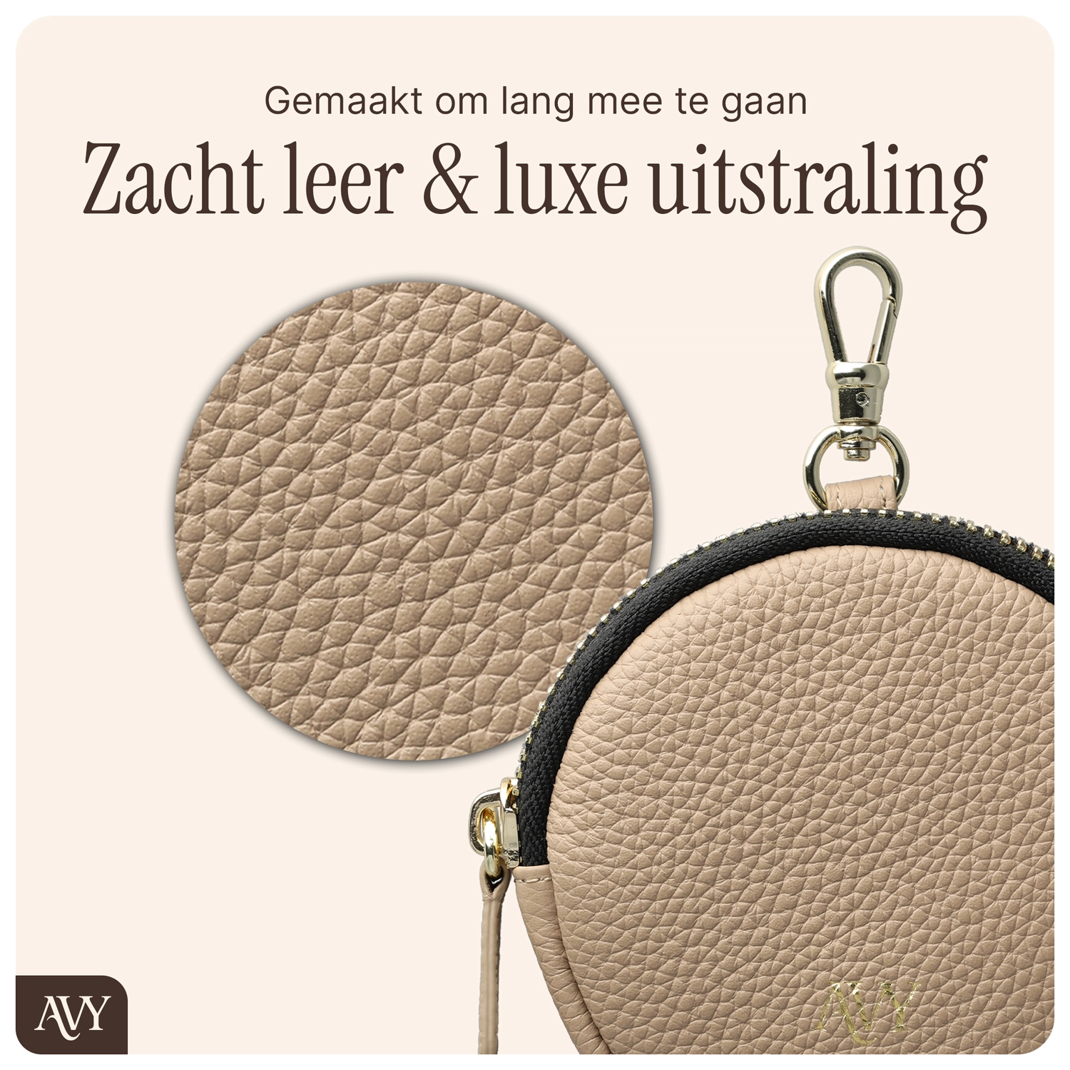 AVY Mini Telefoontasje / Phone Bag Pouch met Rits en Haakje Leer Beige afbeelding 4