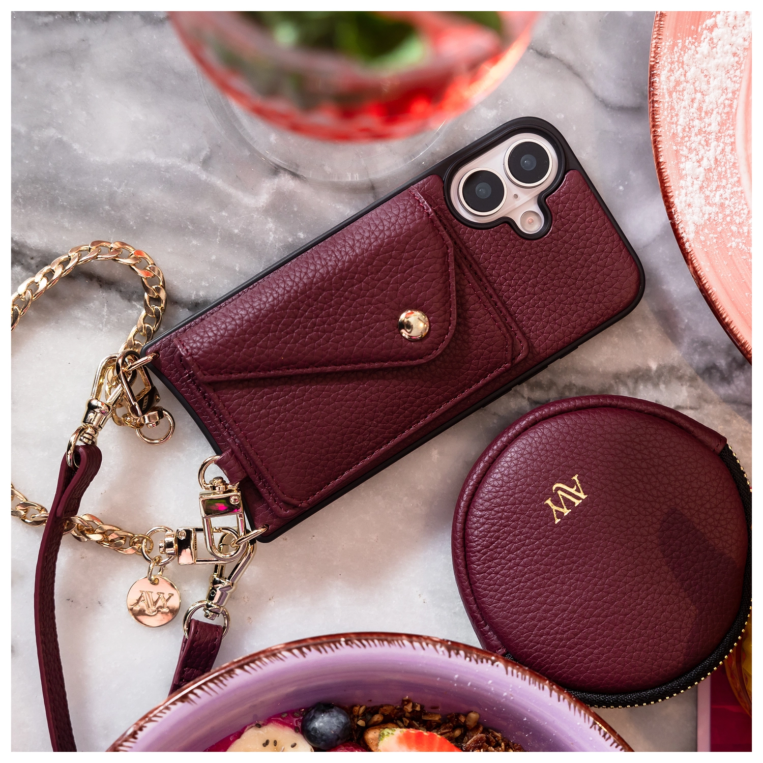 AVY Mini Telefoontasje / Phone Bag Pouch met Rits en Haakje Leer Burgundy afbeelding 2