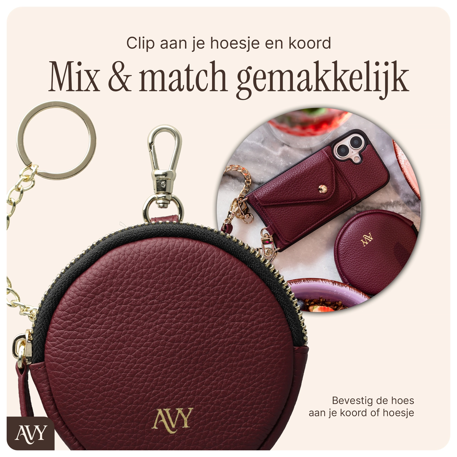 AVY Mini Telefoontasje / Phone Bag Pouch met Rits en Haakje Leer Burgundy afbeelding 5