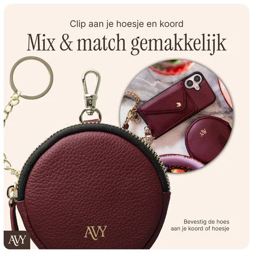AVY Mini Telefoontasje / Phone Bag Pouch met Rits en Haakje Leer Burgundy afbeelding 5