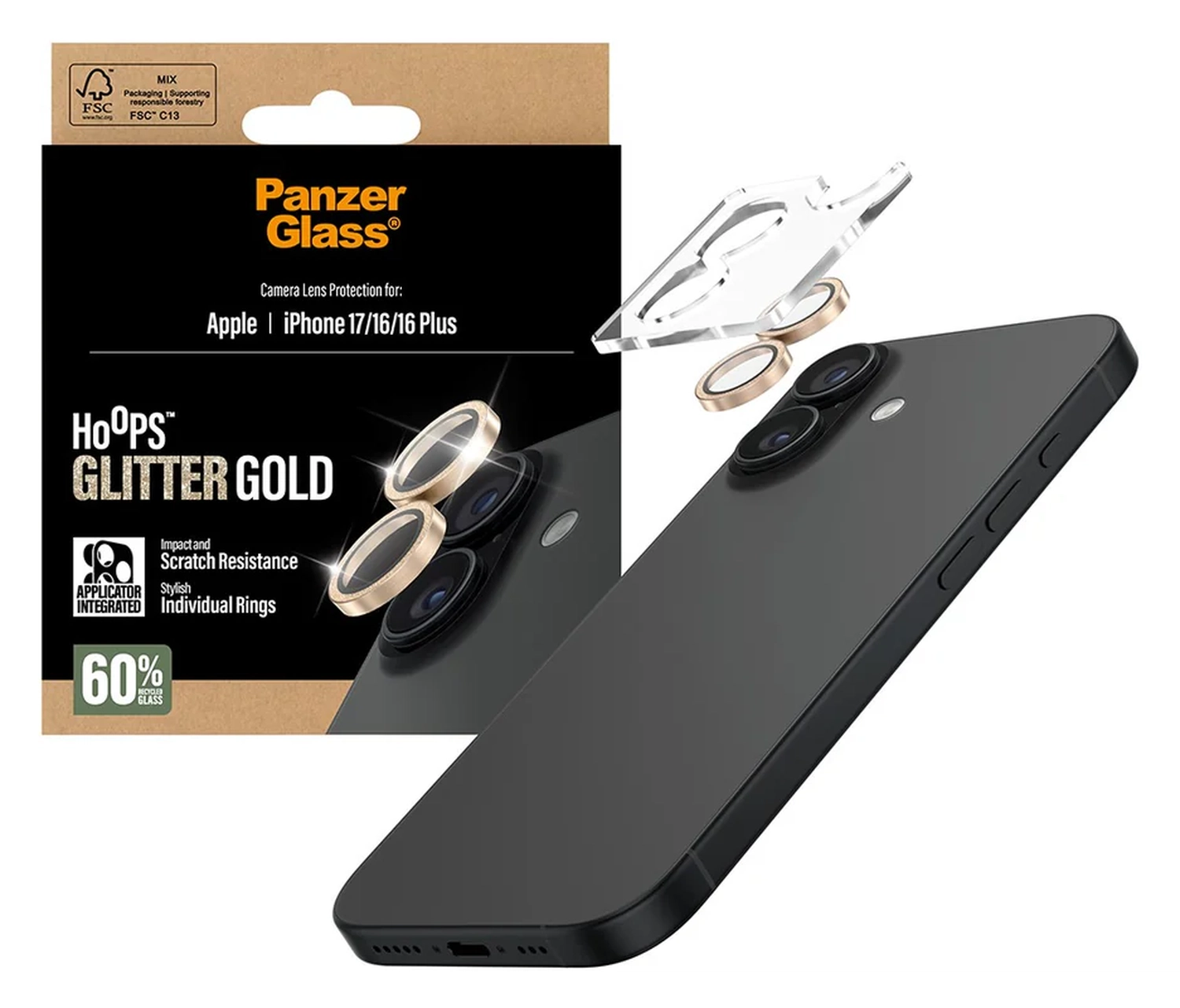 PanzerGlass Hoops Rings iPhone 17 Camera Lens Protector Glas Glitter Goud afbeelding 1