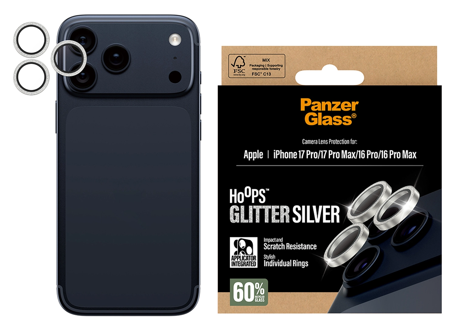PanzerGlass Hoops Rings iPhone 17 Pro (Max) Camera Protector Glas Glitter Zilver afbeelding 4