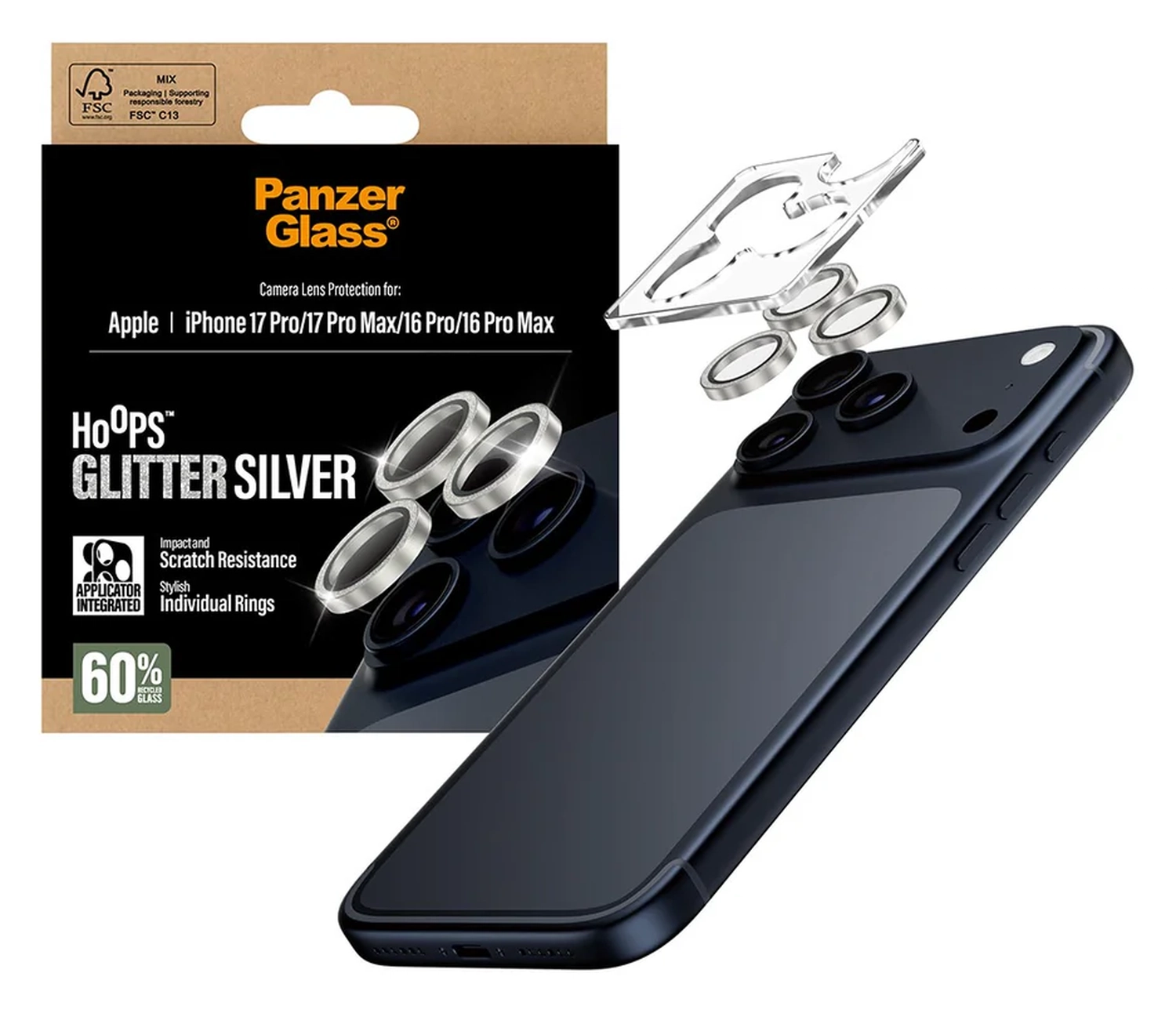 PanzerGlass Hoops Rings iPhone 17 Pro (Max) Camera Protector Glas Glitter Zilver afbeelding 1