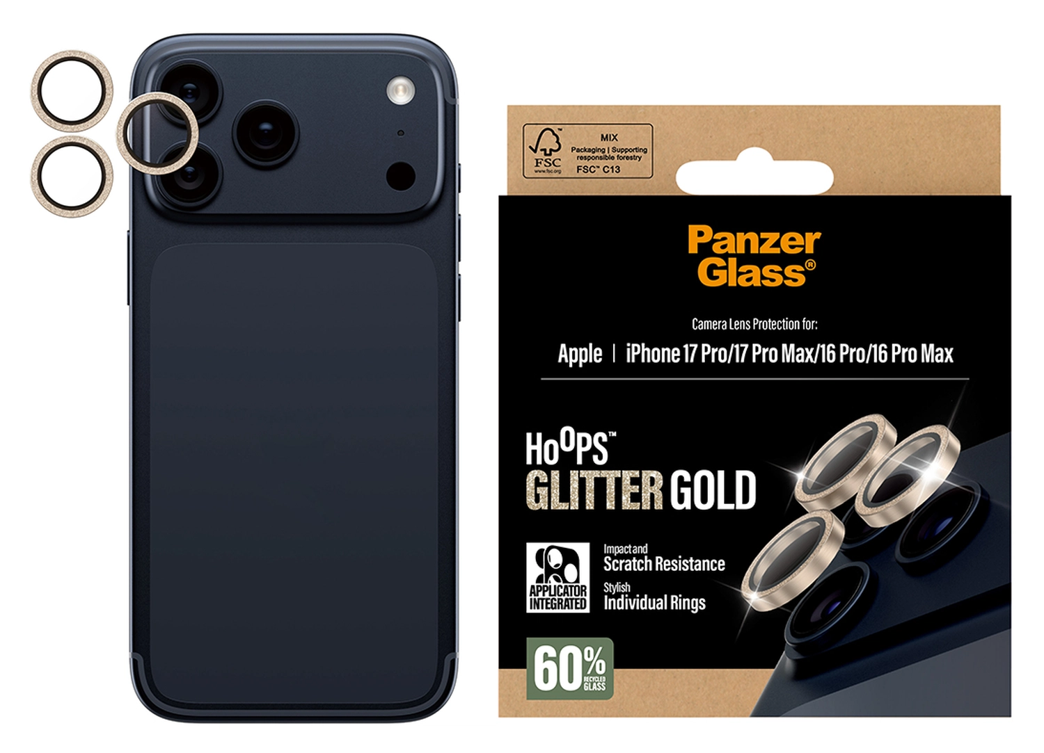 PanzerGlass Hoops Rings iPhone 17 Pro (Max) Camera Protector Glas Glitter Goud afbeelding 4