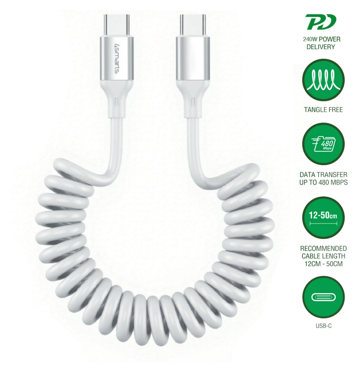 4smarts USB-C naar USB-C Krulsnoer Kabel 240W Power Delivery 50CM Wit afbeelding 2