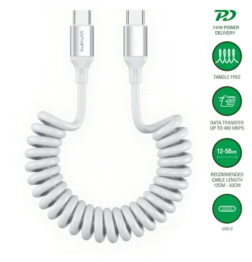 4smarts USB-C naar USB-C Krulsnoer Kabel 240W Power Delivery 50CM Wit afbeelding 2