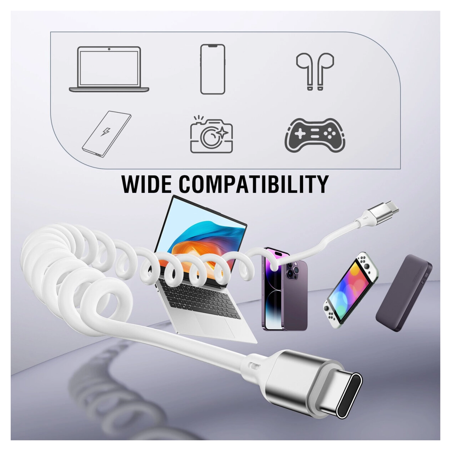4smarts USB-C naar USB-C Krulsnoer Kabel 240W Power Delivery 50CM Wit afbeelding 6
