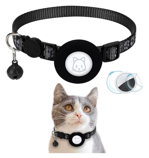 AirTag Hoesje voor Huisdieren Reflecterende Siliconen Halsband met Bel Zwart afbeelding 1
