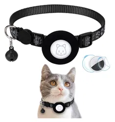 AirTag Hoesje voor Huisdieren Reflecterende Siliconen Halsband met Bel Zwart afbeelding