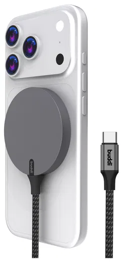 Buddi Power Qi2 Draadloze Magnetische MagSafe Oplader 15W met 1.5M Kabel Grijs afbeelding 2