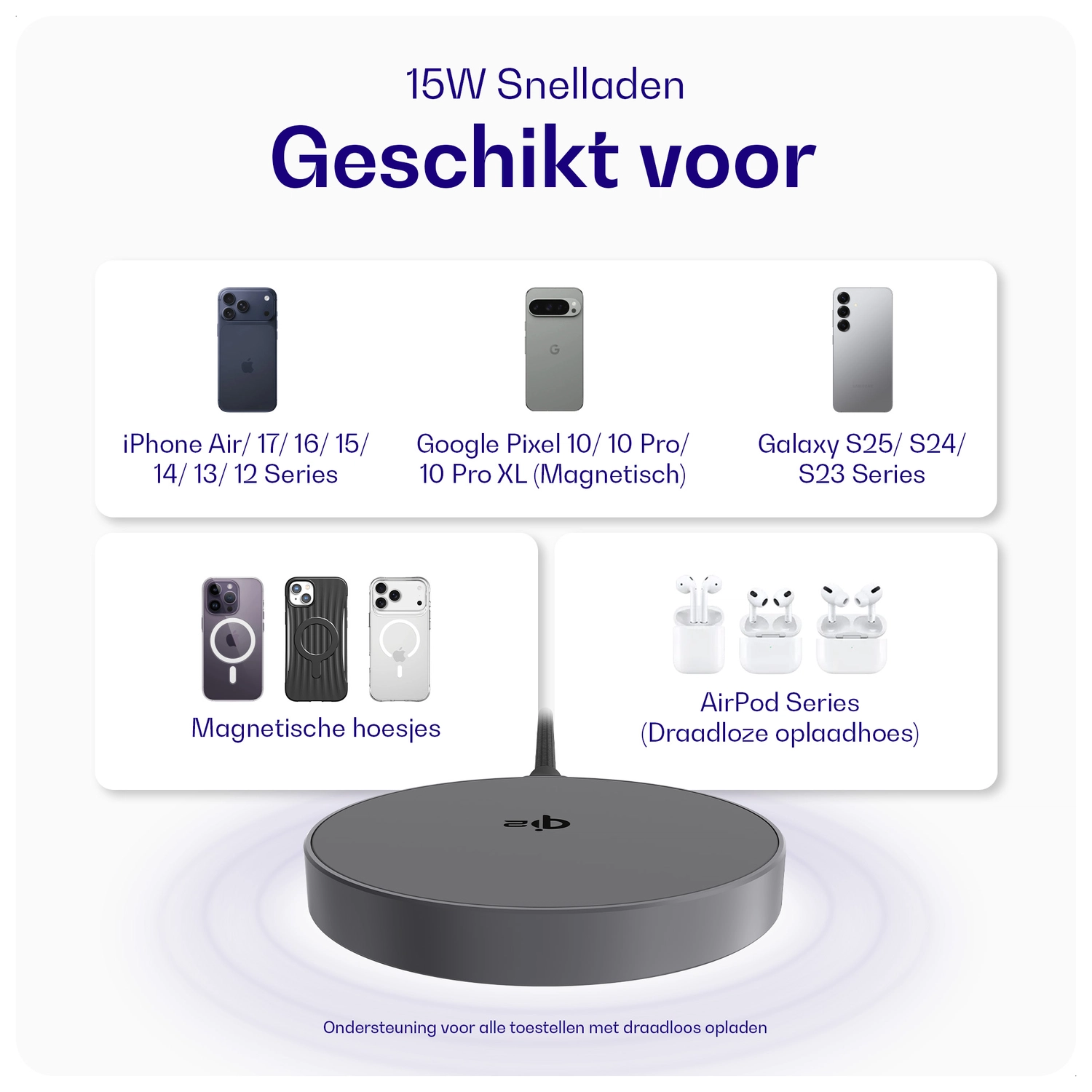 Buddi Power Qi2 Draadloze Magnetische MagSafe Oplader 15W met 1.5M Kabel Grijs afbeelding 4