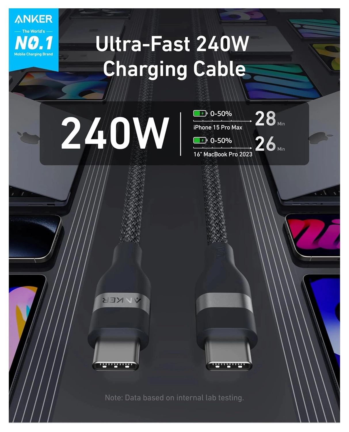 Anker Bio-Nylon (240W) USB-C naar USB-C Kabel Fast Charge 0.9M Zwart afbeelding 2