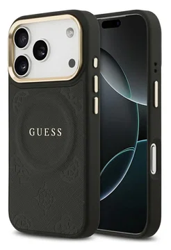 Guess Peony Hot Stamp iPhone 17 Pro Hoesje MagSafe Back Cover Zwart