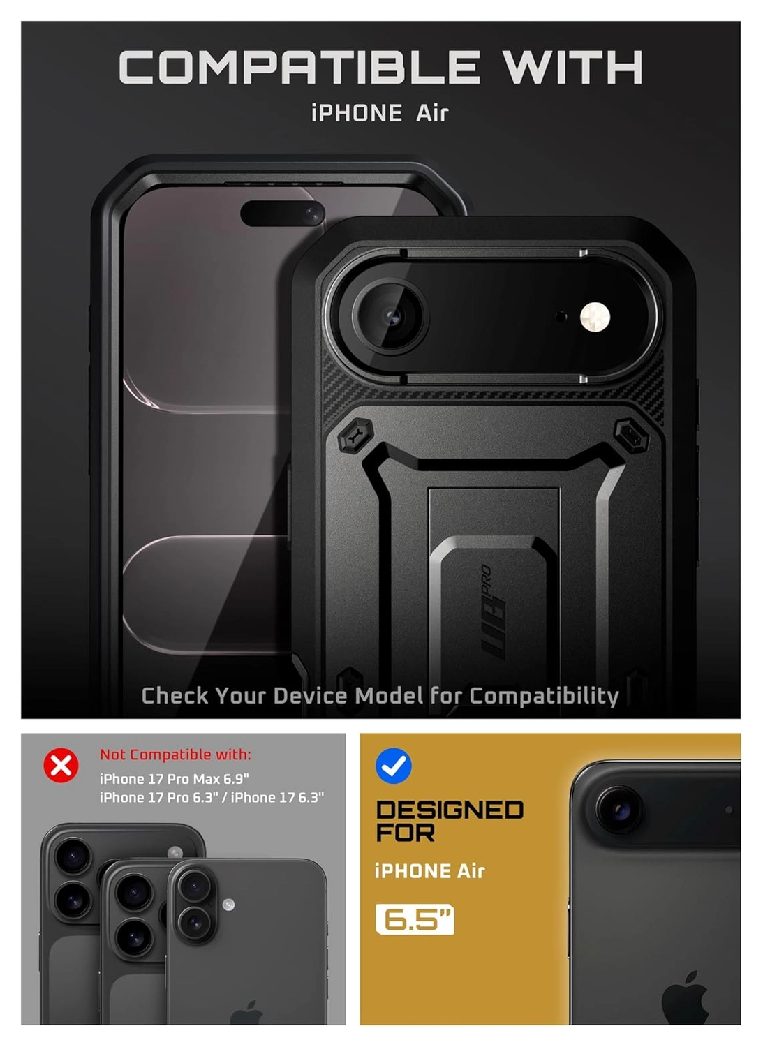 SUPCASE UB Pro iPhone Air Hoesje Full Protect Kickstand Zwart afbeelding 3