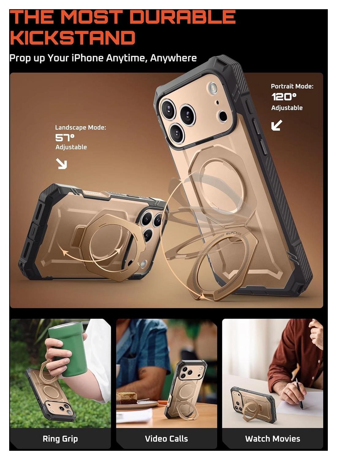 SUPCASE UB Grip Pro Apple iPhone 17 Pro Hoesje Full Protect MagSafe Stand Goud afbeelding 5