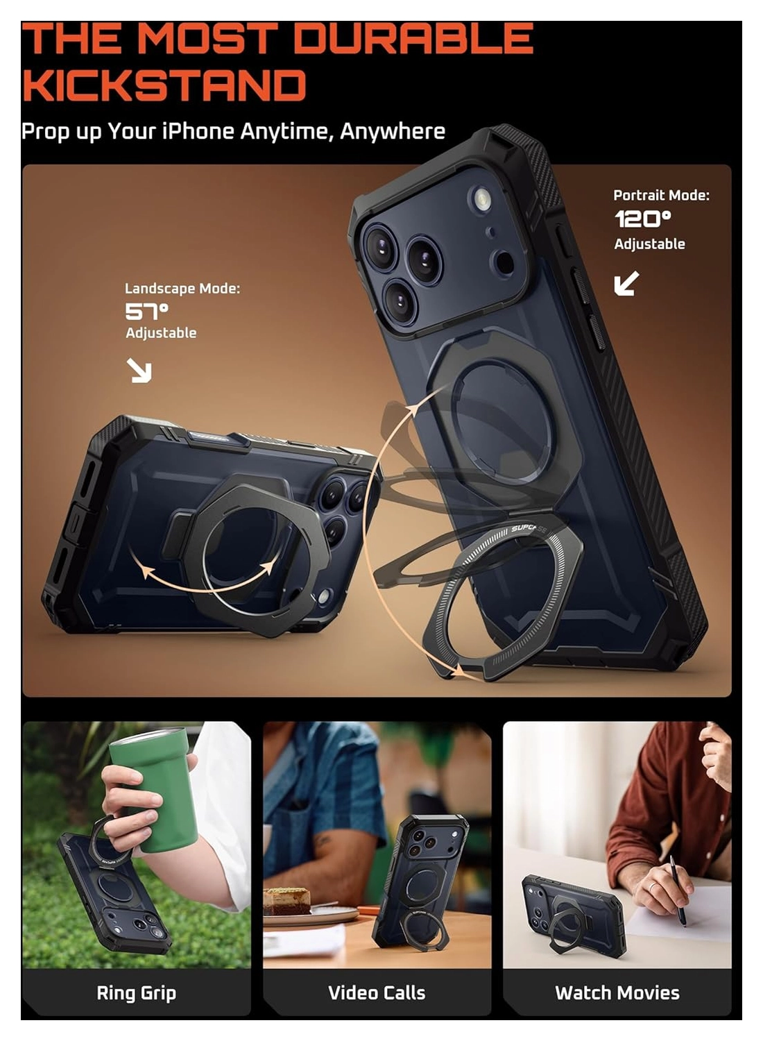 SUPCASE UB Grip Pro Apple iPhone 17 Pro Hoesje Full Protect MagSafe Stand Zwart afbeelding 5