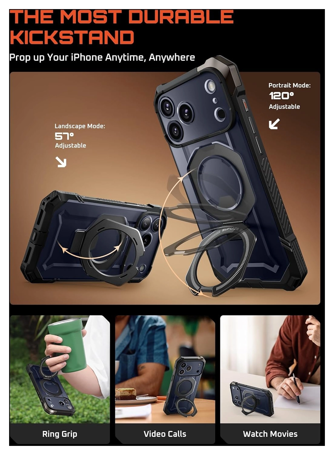 SUPCASE UB Grip Apple iPhone 17 Pro Hoesje MagSafe Kickstand Zwart afbeelding 4