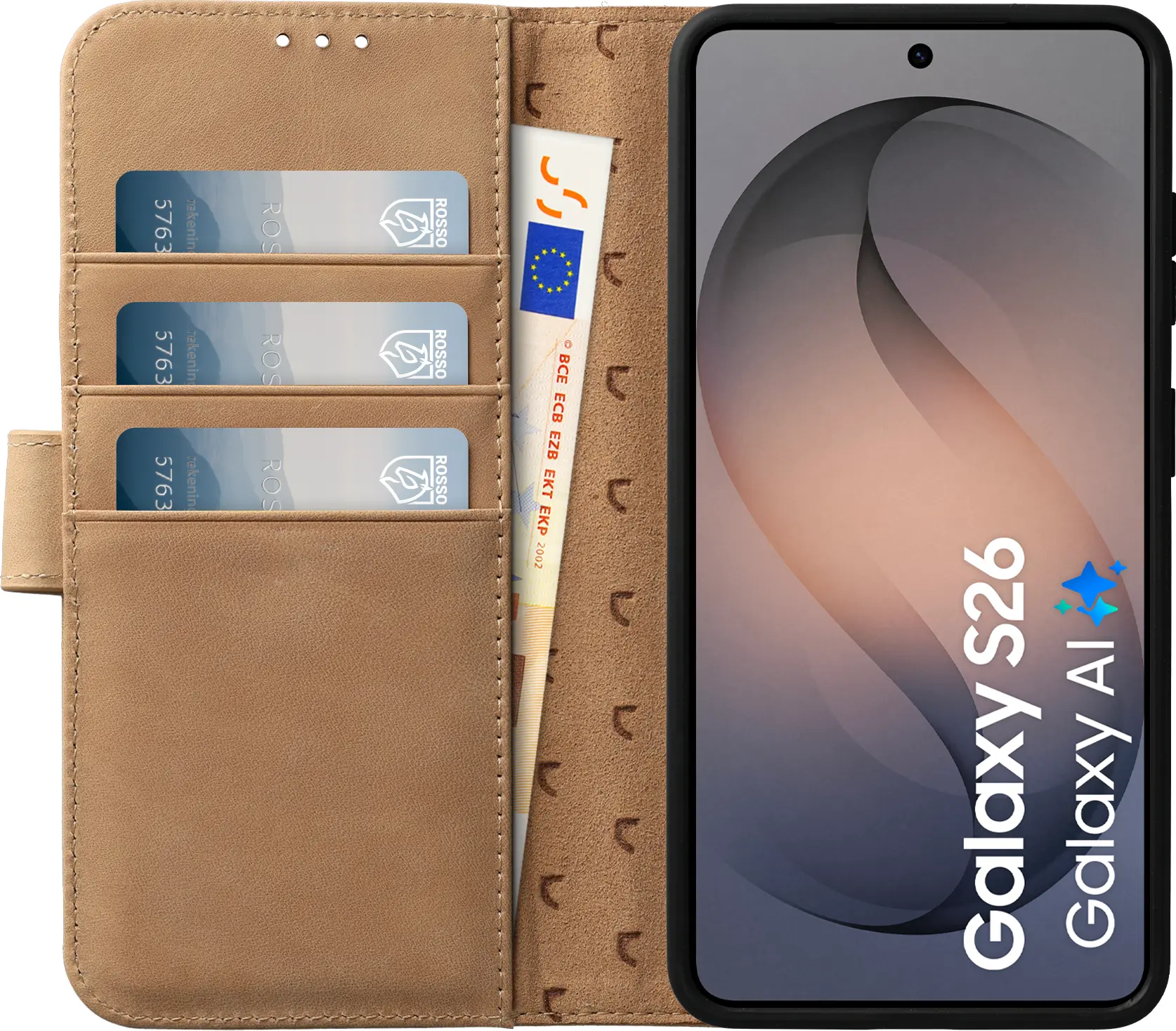 Rosso Elite Samsung Galaxy S26 Hoesje met MagSafe Book Case Echt Leer Lichtbruin afbeelding 2