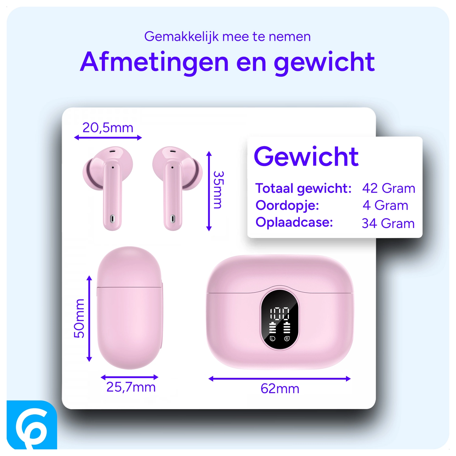 SBG Draadloze Oordopjes Noise Cancelling Bluetooth met Display Roze afbeelding 8