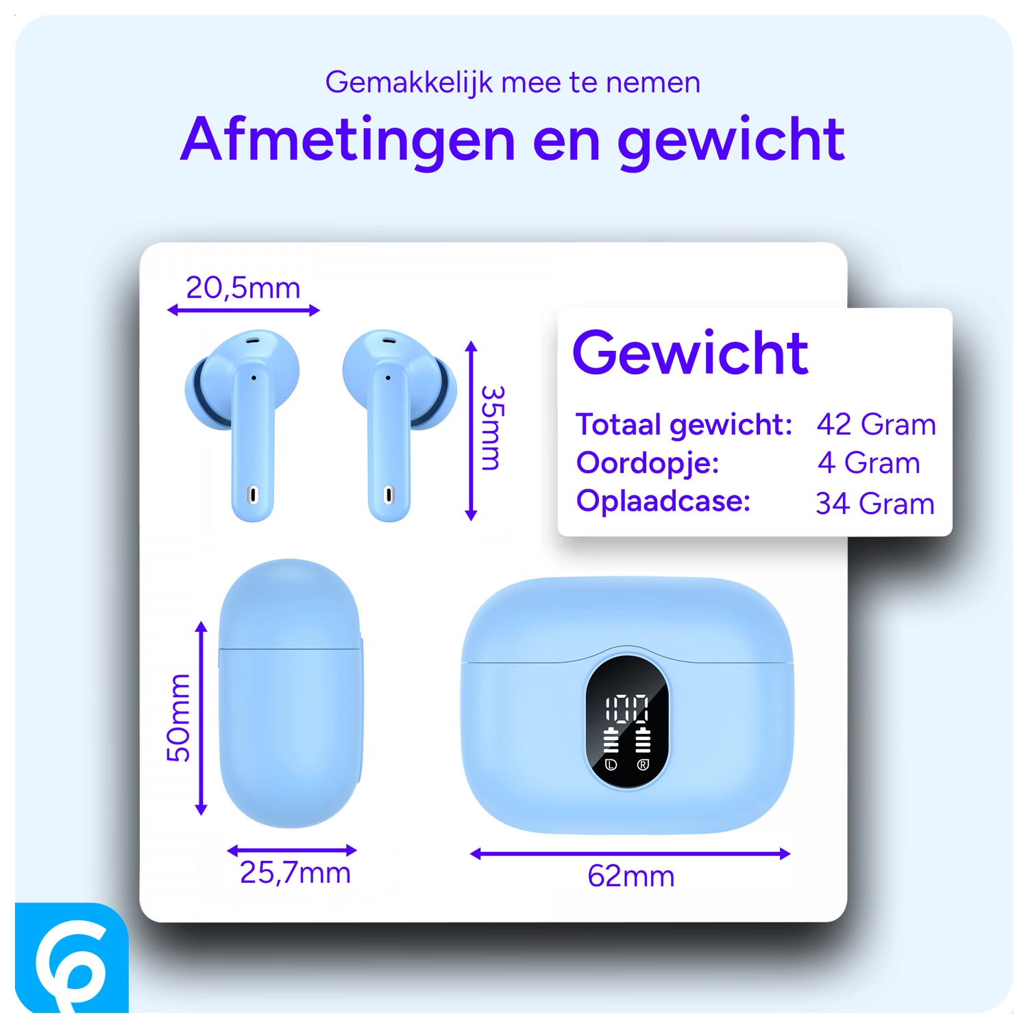 SBG Draadloze Oordopjes Noise Cancelling Bluetooth met Display Licht Blauw afbeelding 8
