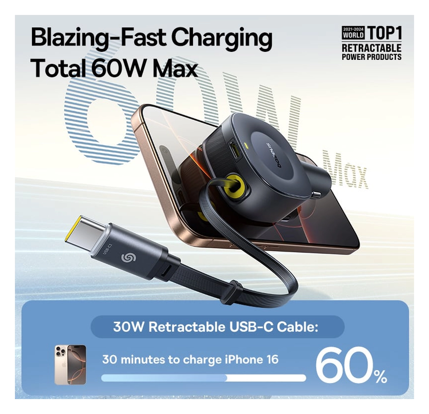 Baseus PrimeTrip VR2 Autolader 60W met Uitrekbare USB-C Kabel Zwart afbeelding 3