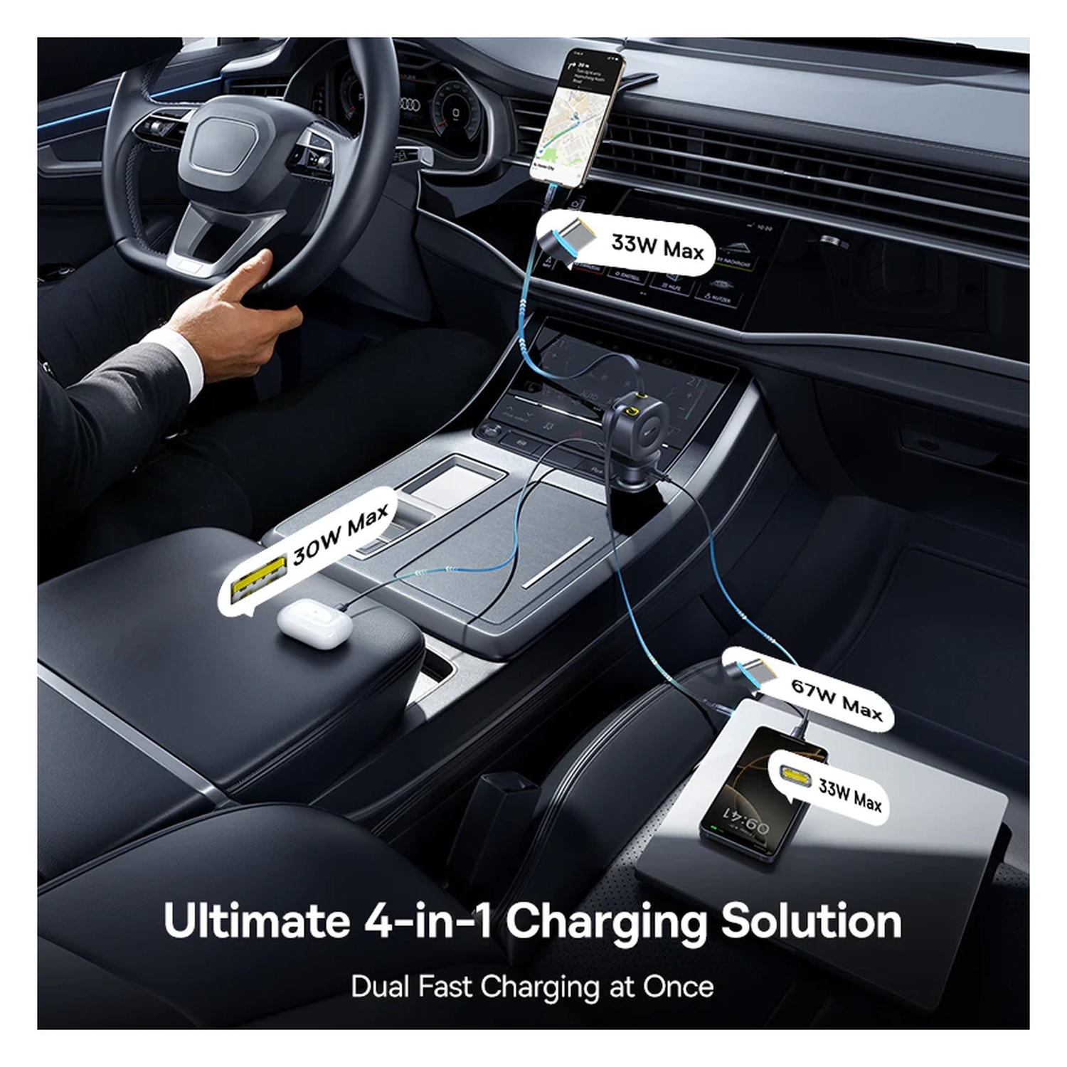 Baseus PrimeTrip VR2 Max Autolader 100W met 2 Uitrekbare USB-C Kabels Zwart afbeelding 3