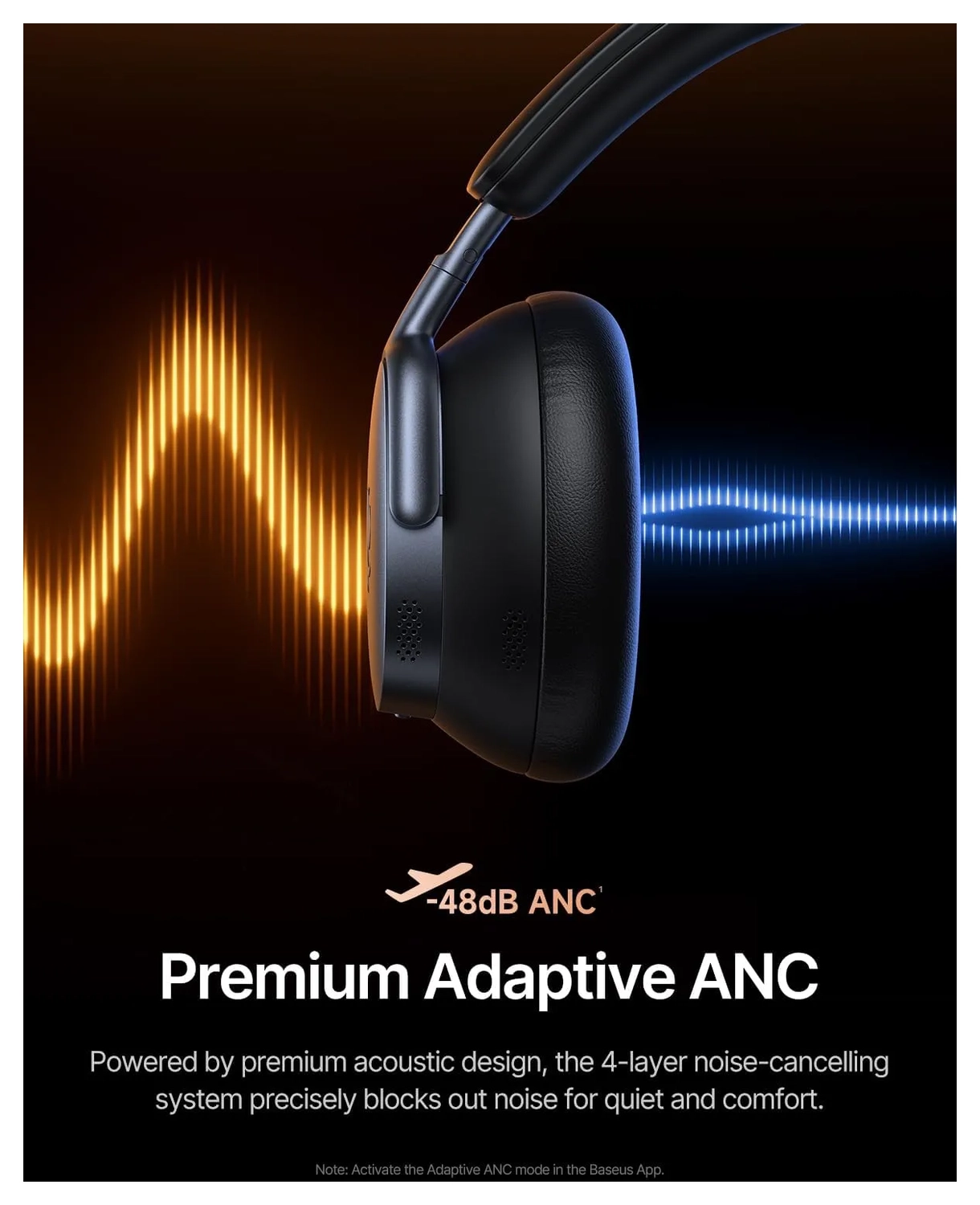 Baseus Inspire Noise Cancelling Draadloze Koptelefoon 100 Uur Batterij Zwart afbeelding 4