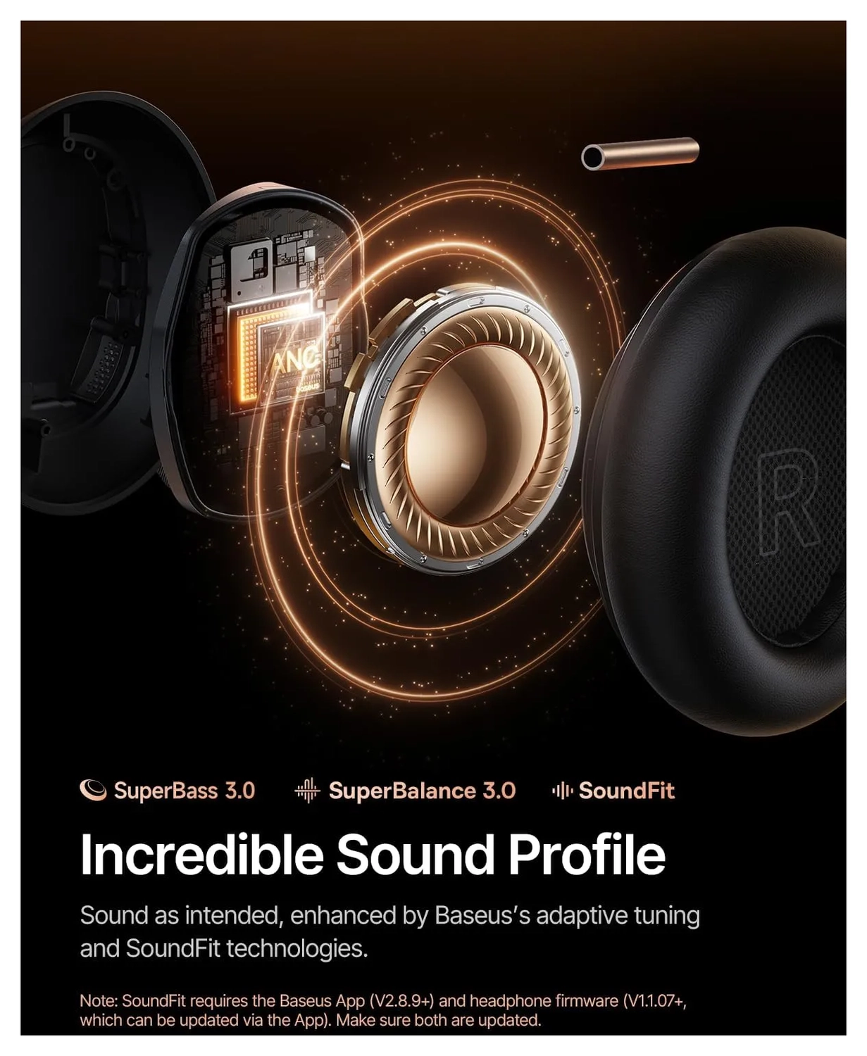 Baseus Inspire Noise Cancelling Draadloze Koptelefoon 100 Uur Batterij Zwart afbeelding 10