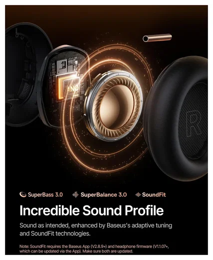 Baseus Inspire Noise Cancelling Draadloze Koptelefoon 100 Uur Batterij Zwart afbeelding 10
