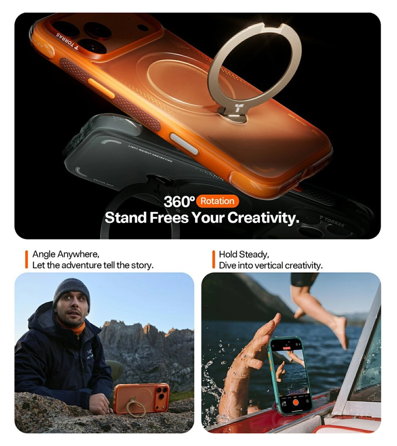 TORRAS Ostand Q3 Air Apple iPhone 17 Pro Hoesje MagSafe 360° Kickstand Oranje afbeelding 6