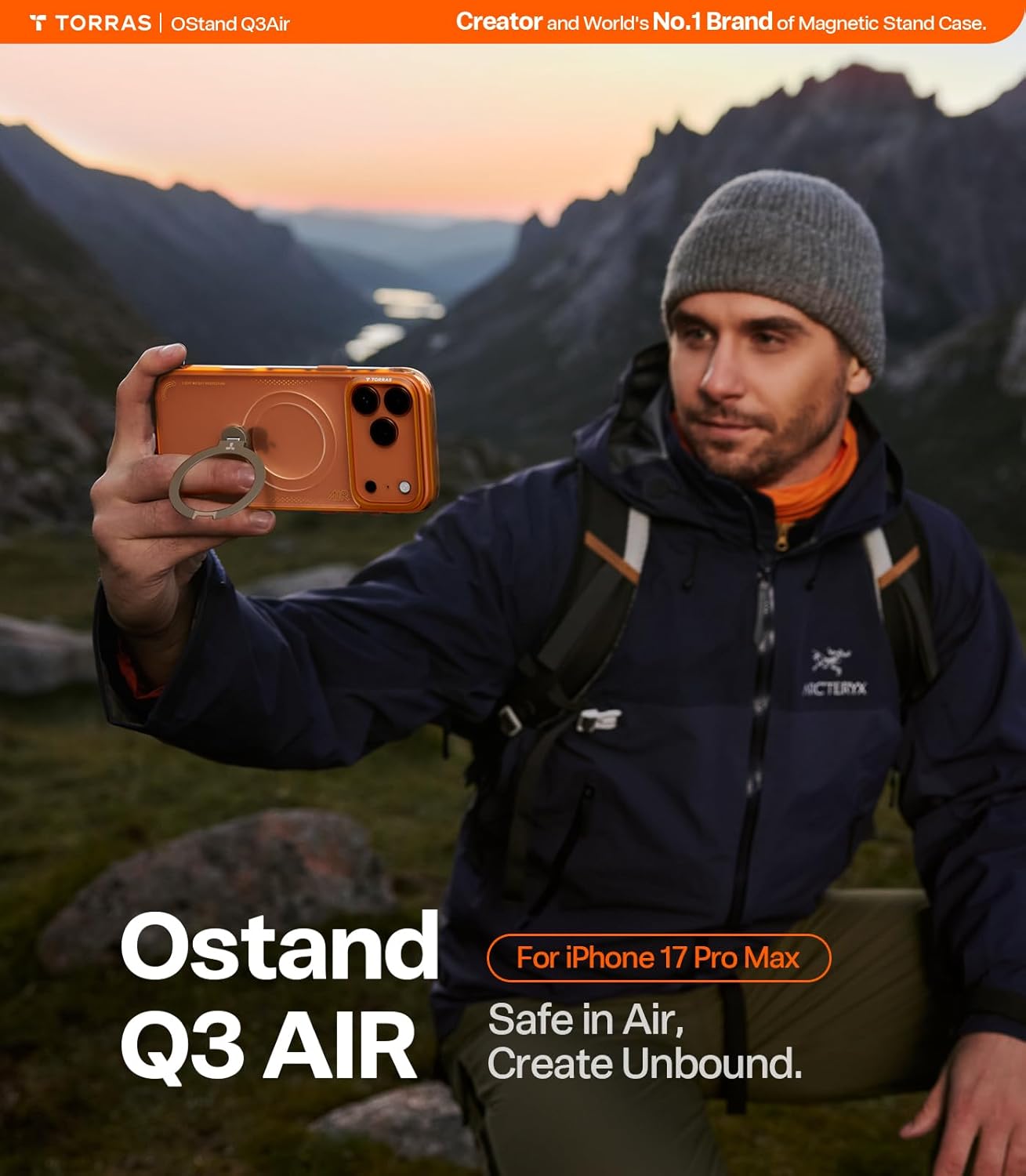 TORRAS Ostand Q3 Air iPhone 17 Pro Max Hoesje MagSafe 360° Kickstand Oranje afbeelding 9